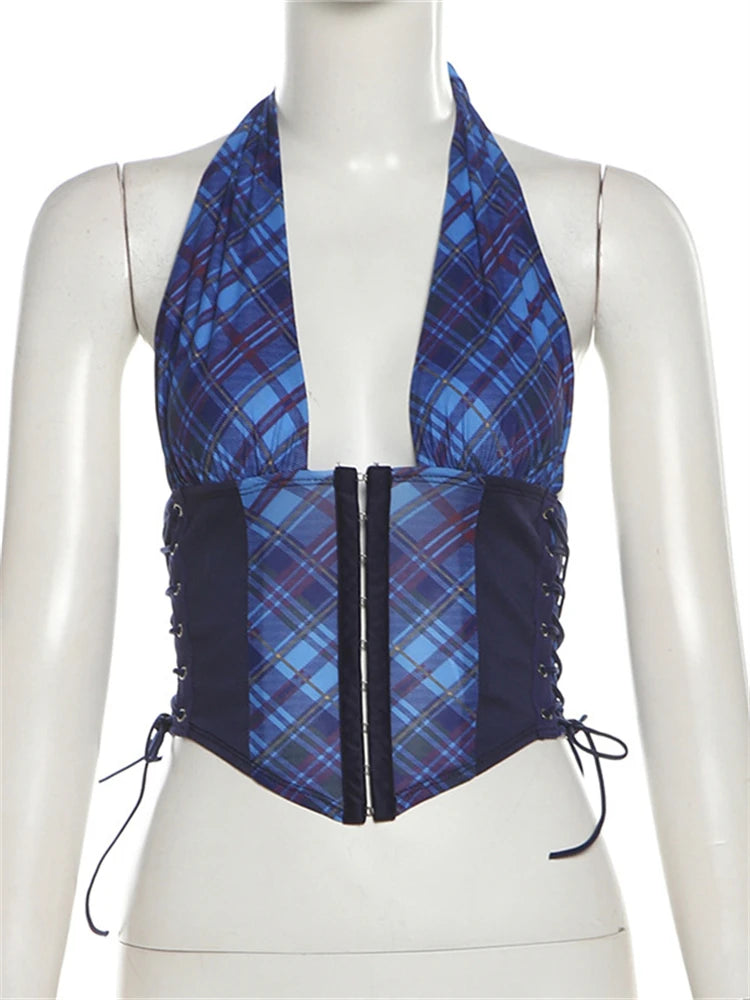 LIZAKOSHT  -  Summer Fashion Plaid Print Skinny Tank Tops Streetwear Y2K For Woman 2024 Sexy V-Neck Halter Bandage Backless Party Tops