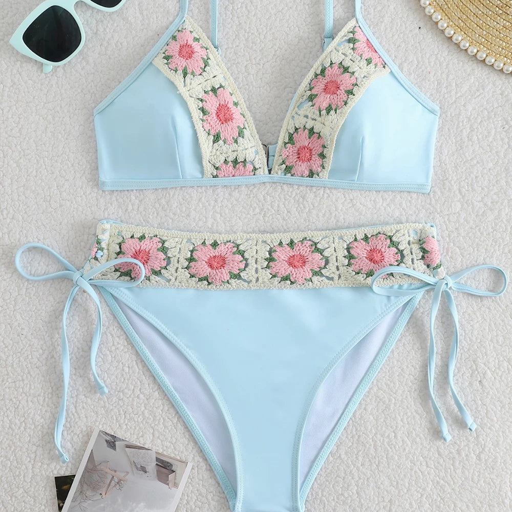 LIZAKOSHT  -  New Female Bikini Solid Color Handmade Flower High-Waisted Split Women's Swimsuit Beach Wear Vacation Photography Sexy Swimsuit
