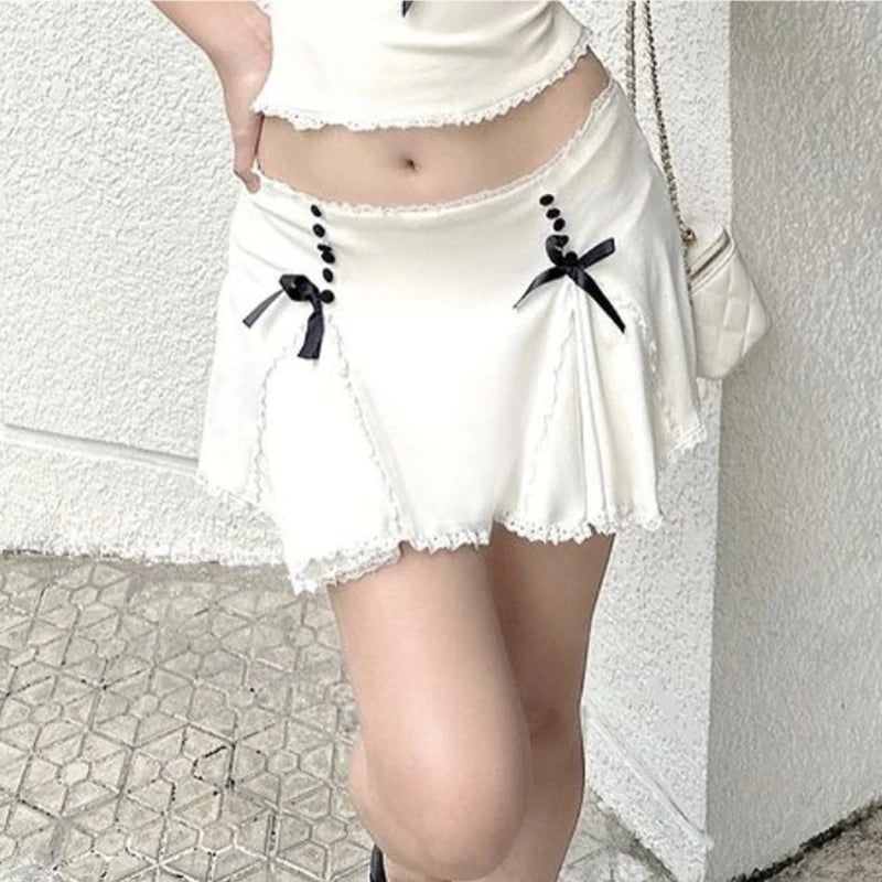 LIZAKOSHT  -  Sweet Women Lace Trim Bow A-line Mini Skirt Ladies Low Waist Summer Skirts With Underwear