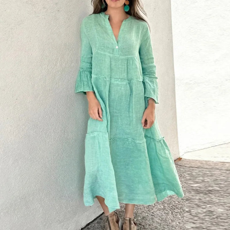 LIZAKOSHT  -  Sexy V-neck Flared Sleeve Loose Long Dress Fashion Button Pleated Solid Maxi Dress Spring Autumn Casual Cotton Linen Party Dress