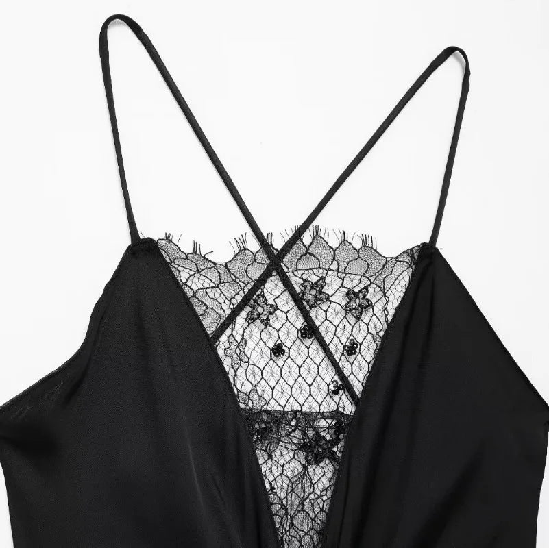 LIZAKOSHT  -  New Fashion Backless Black Party Dress for Women Sleeveless Sexy Lace V-neck Decorative Long Dress Female Long Dress Elegant