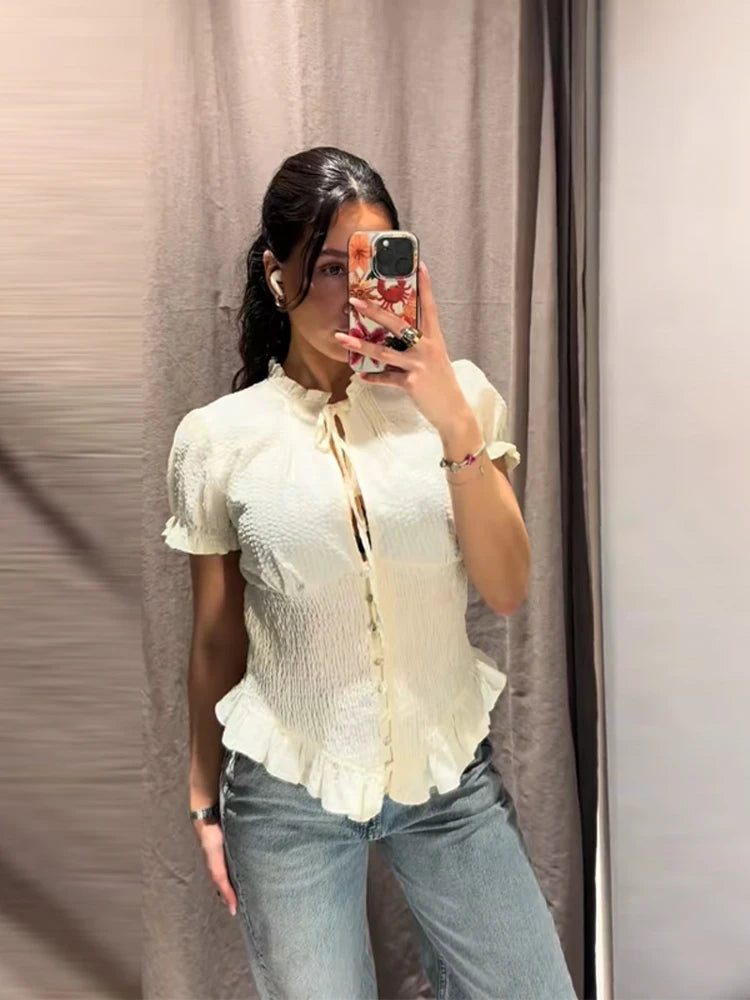 LIZAKOSHT  -  Solid Black Ruched Front Tie Blouse Puff Short Sleeve Peplum Hem Spring Romantic Women Chiffon Top Fashion Sweet Lady Shirt