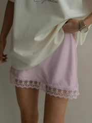 LIZAKOSHT  -  New Chic Lace Patchwork Pink Skirts Women's Summer Zip-up Slim Satin Skirt Female Casual Short Dress Y2K Streetwear