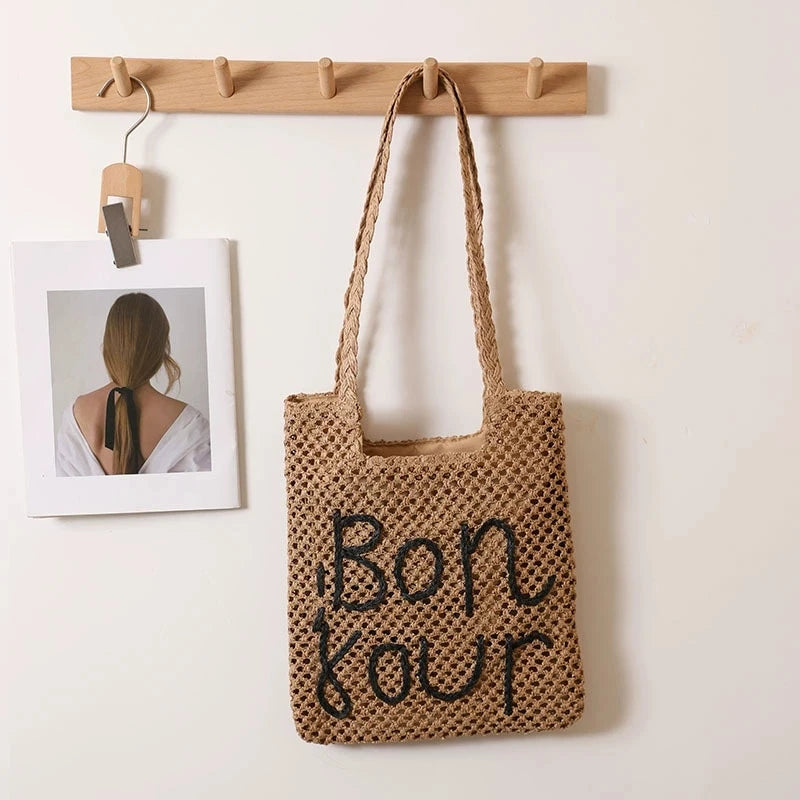 LIZAKOSHT  -  Women Fashion Letter Embroidered Shoulder Bag Hollow Grass Woven Beach Bags Vacation Handbag
