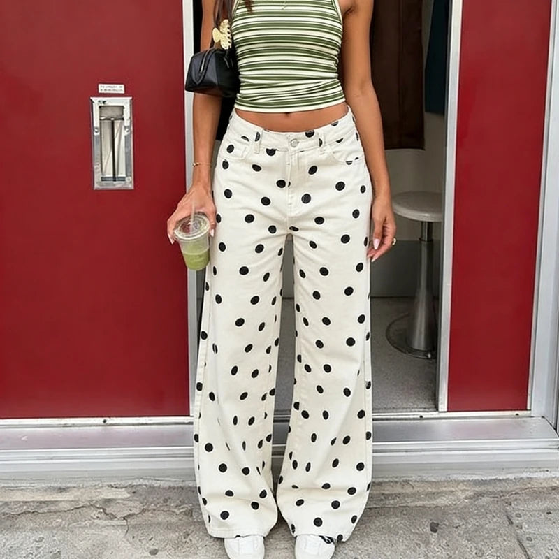 LIZAKOSHT  -  Women Polka Dot Wide Leg Jeans High Waisted Loose Fit Straight Leg Denim Pants Y2K Retro Trousers Preppy Streetwear