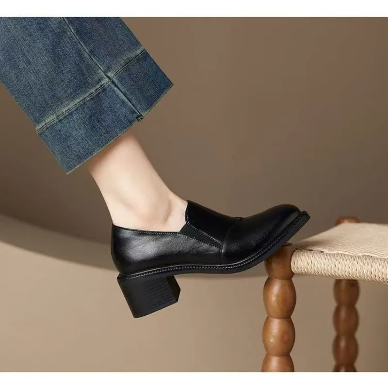 LIZAKOSHT  -  NEW Spring Women Loafers Split Leather Women Shoes Round Toe Chunky Heel Shoes Concise Slip-on Daily Ladies Shoes