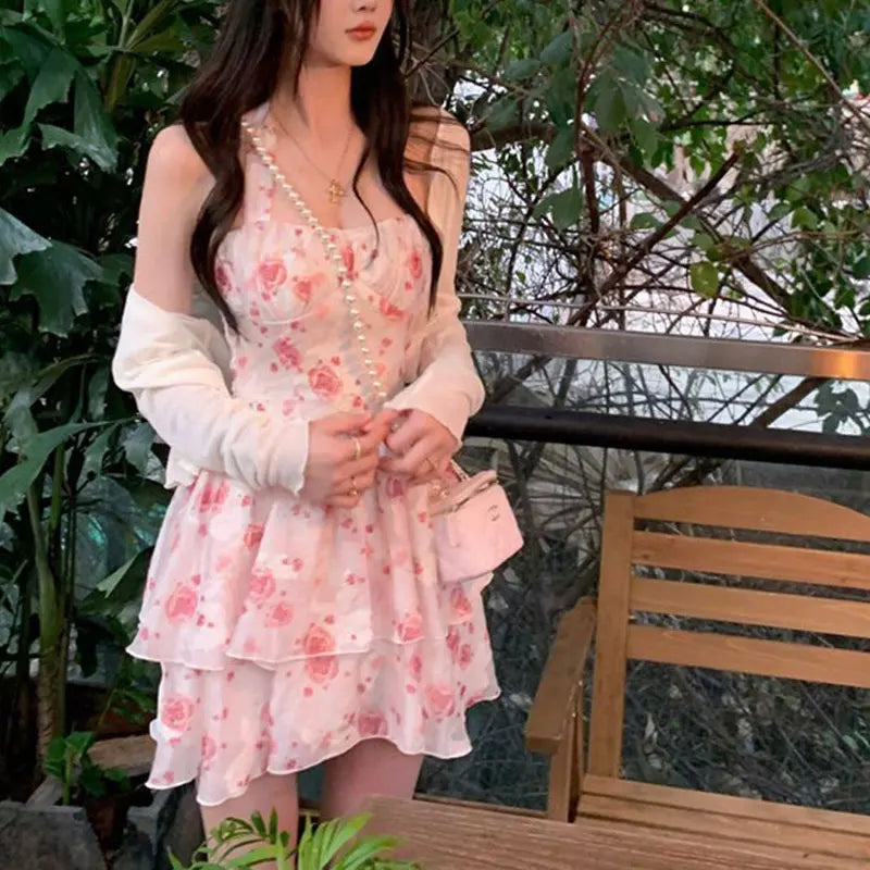 LIZAKOSHT  -  Sweet Y2k Mini Dress Set Women Summer Vintage Floral Printed Halter Spaghetti Strap Dress +Cardigan Jacket 2pcs Set Vestidos