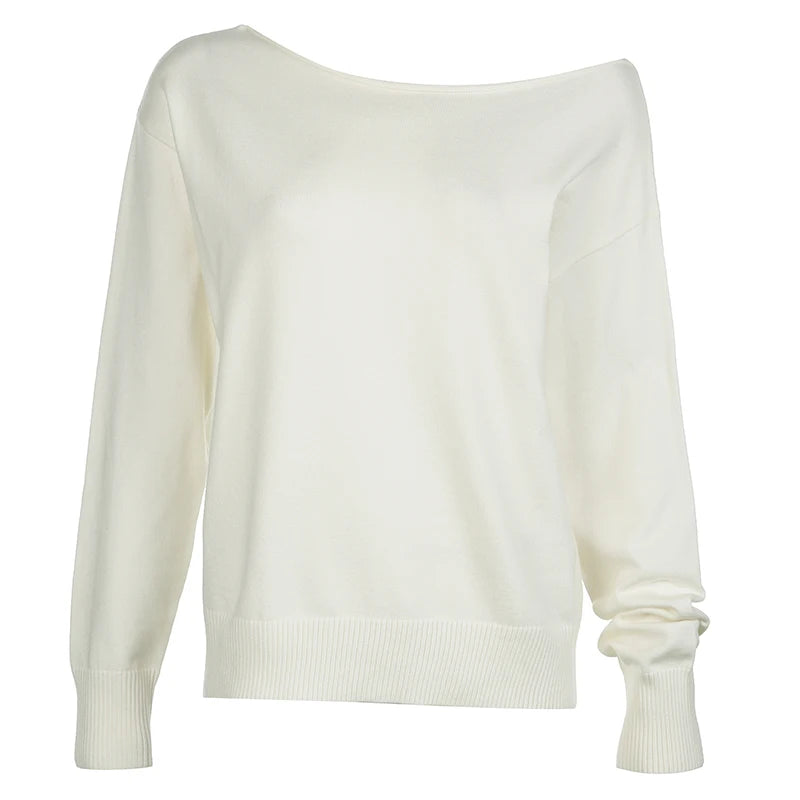 LIZAKOSHT  -  Skew Collar Solid Knit Pullovers Autumn Fashion Casual Loose Sweaters All-match Korean Chic Women's Outfits 90s