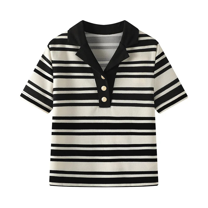 LIZAKOSHT  -  Black and White Striped Loose Short-sleeved T-shirt V-neck Pullover Bottoming Casual Shirt Summer New Style