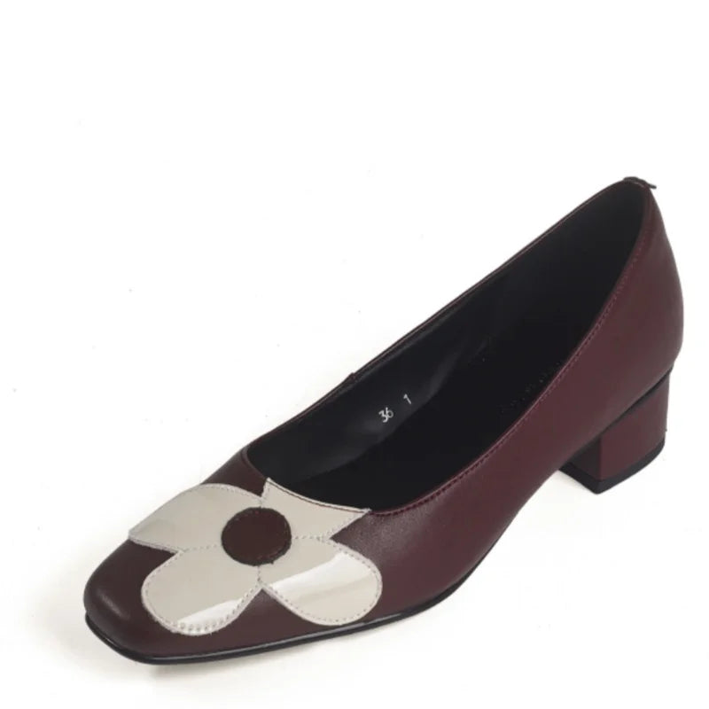 LIZAKOSHT  -  Fashion Pumps New High Quality Genuine Leather Shoes Round Head Flower Shallow Mouth High Heels Slip On Women's Shoes