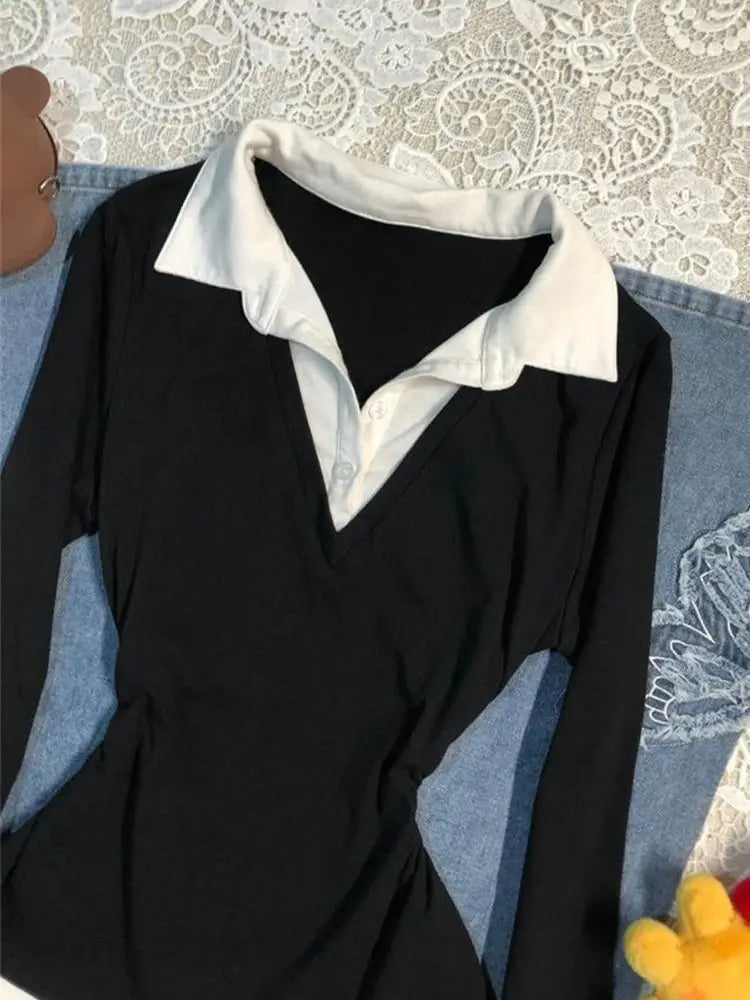 LIZAKOSHT  -  Causal Fake Two Woman Tshirts Ropa Mujer Patchwork Long Sleeve Slim Waist Base Shirt Women Clothing Harajuku Fashion Tops