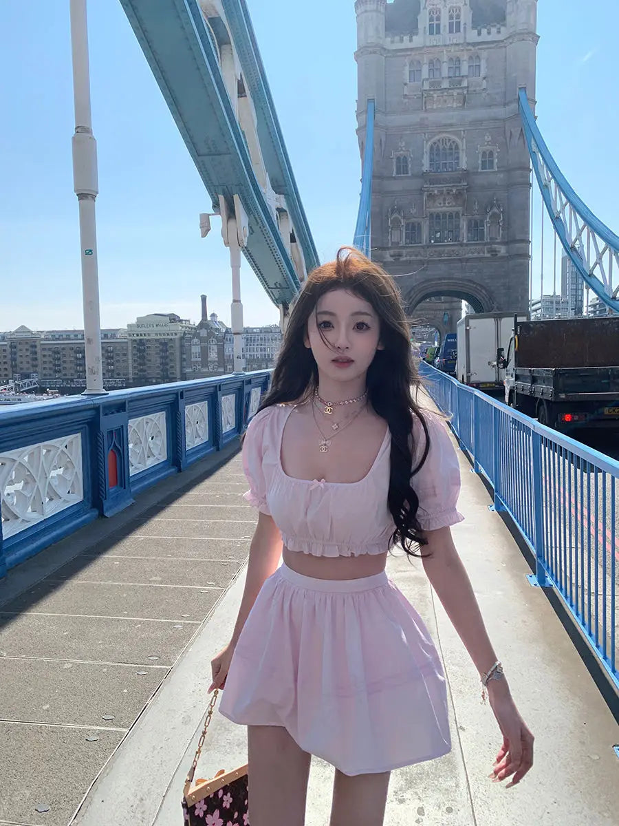 LIZAKOSHT  -  Cute Set Women's Summer Short-sleeved Square Collar Top High Waist A-line Skirt Two-piece Set Fashion Female Clothes