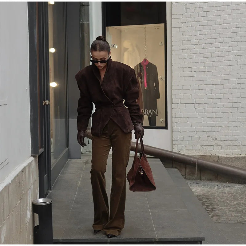 LIZAKOSHT  -  Retro Brown Lace Up Shorts Suede Jacket Elegant Female Lapel Long Sleeves Slim Coats Autumn Chic Lady High Street Outwear