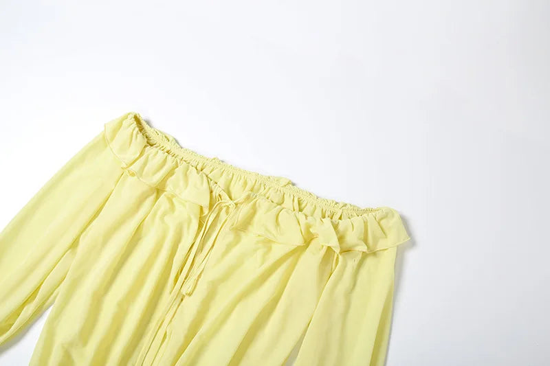 LIZAKOSHT  -  Elegant Sexy Yellow Ruffles Ruched Boydcon Mini Dress Women Lace Up Slash Neck Off Shoulder Flare Long Sleeve Party Clubwear