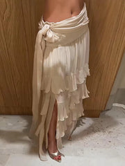 LIZAKOSHT  -  Women's Skirt Beige Ruffled Maxi Skirts Asymmetrical Tiered Hem Waist Tie Wrap Design Chiffon Bottom Vacation Wear Woman Clothes