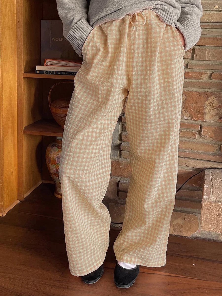 LIZAKOSHT  -  Y2K Vintage Women Girls Striped Plaid Pants Wide Leg Gingham Lounge Pants High Waist Striped Print Pajama Trousers Pants