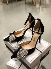 Lizakosht In 2024, the new black fine single shoes rhinestone hollow one-word buckle with banquet women's shoes ball shoes.