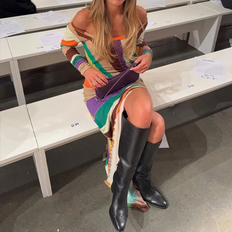 LIZAKOSHT  -  Chic Rainbow Printed Fashion Slimming Long Sleeve Bodycon Multi Color Patchwork Casual Sexy Package Hip Long Dress Clubwear