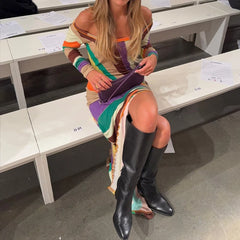 LIZAKOSHT  -  Chic Rainbow Printed Fashion Slimming Long Sleeve Bodycon Multi Color Patchwork Casual Sexy Package Hip Long Dress Clubwear
