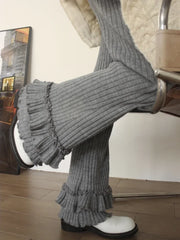 LIZAKOSHT  -  Y2K Women Gray Ribbed Knit Flare Pants High Waist Elastic Ruffle Hem Slim Fit Casual Trousers Daily Streetwear emo bell-bottoms