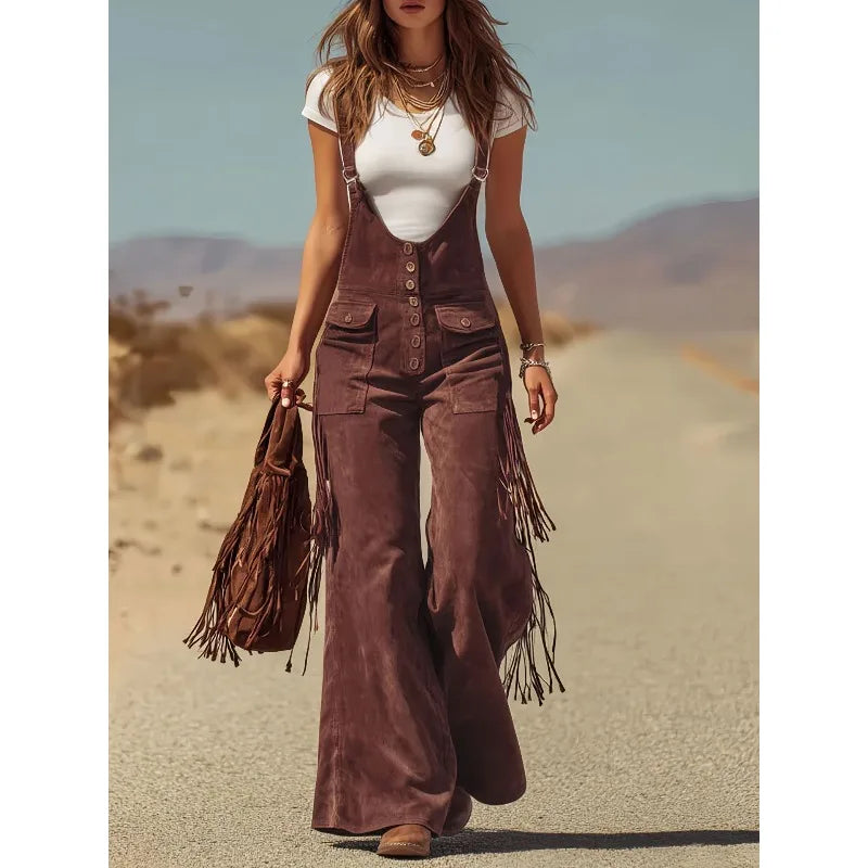 LIZAKOSHT  -  Best-selling Cross-border European and American Women's Retro Western Suede Fringed Wide-leg Overalls Workwear Pants Long Pants