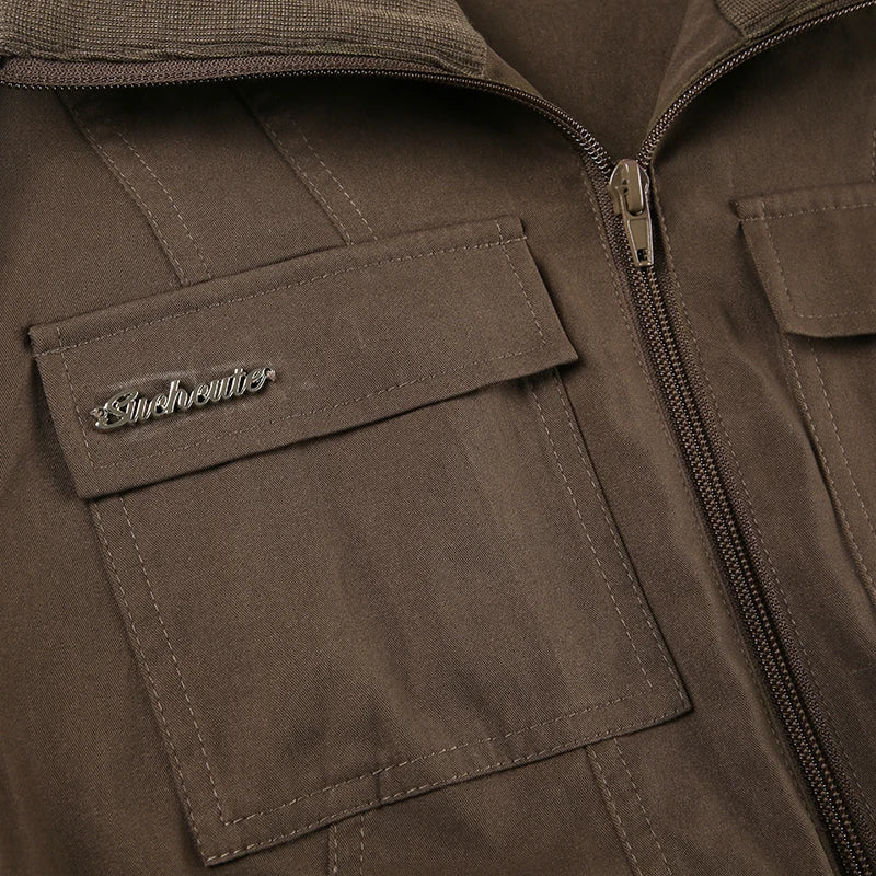 LIZAKOSHT  -  Streetwear Zipper Turn Down Collar Cargo Jackets For Women Multi Pockets Autumn Winter Outwear Y2K Coat Brown Vintage