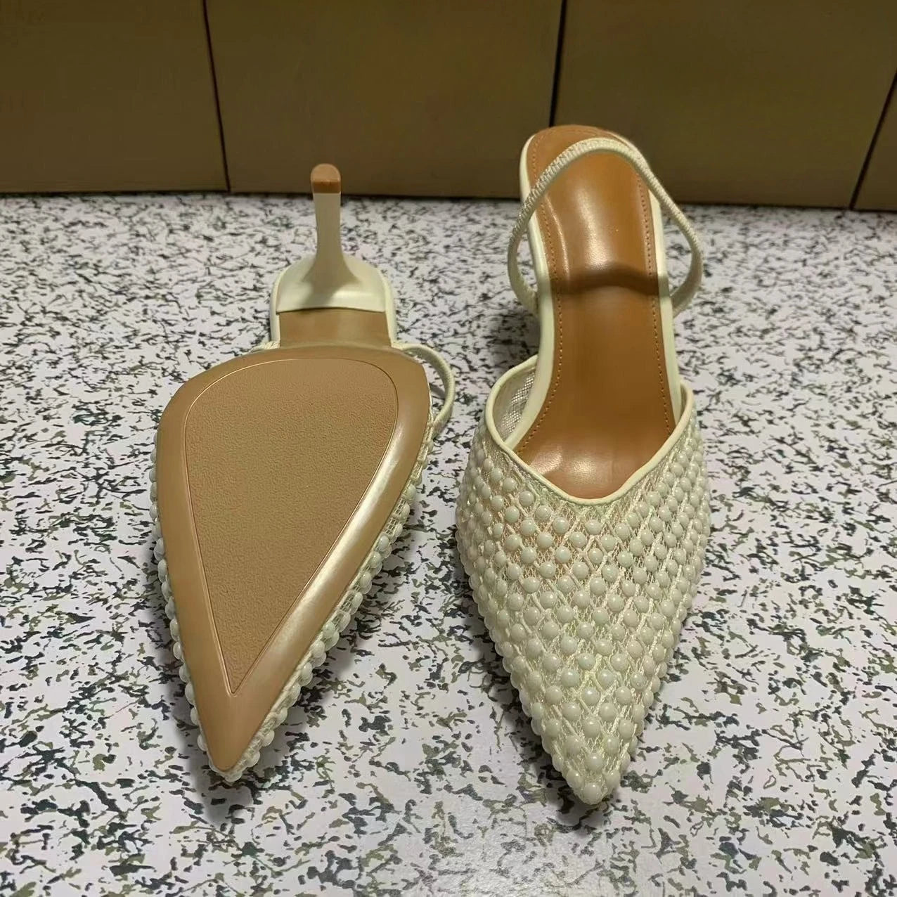 LIZAKOSHT  -  Pointed Toe White High Heels Shoes for Women Summer Breathable Pearl Mesh Designer Brand Elegant Party Wedding Female Sandals