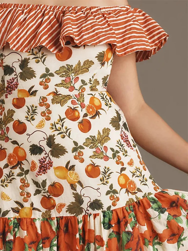 LIZAKOSHT  -  Women Ruffles Slash Neck Off-shoulder Long Dress Sleeveless Striped Fruit Flower Print Cocktail Dress Summer Vestidos