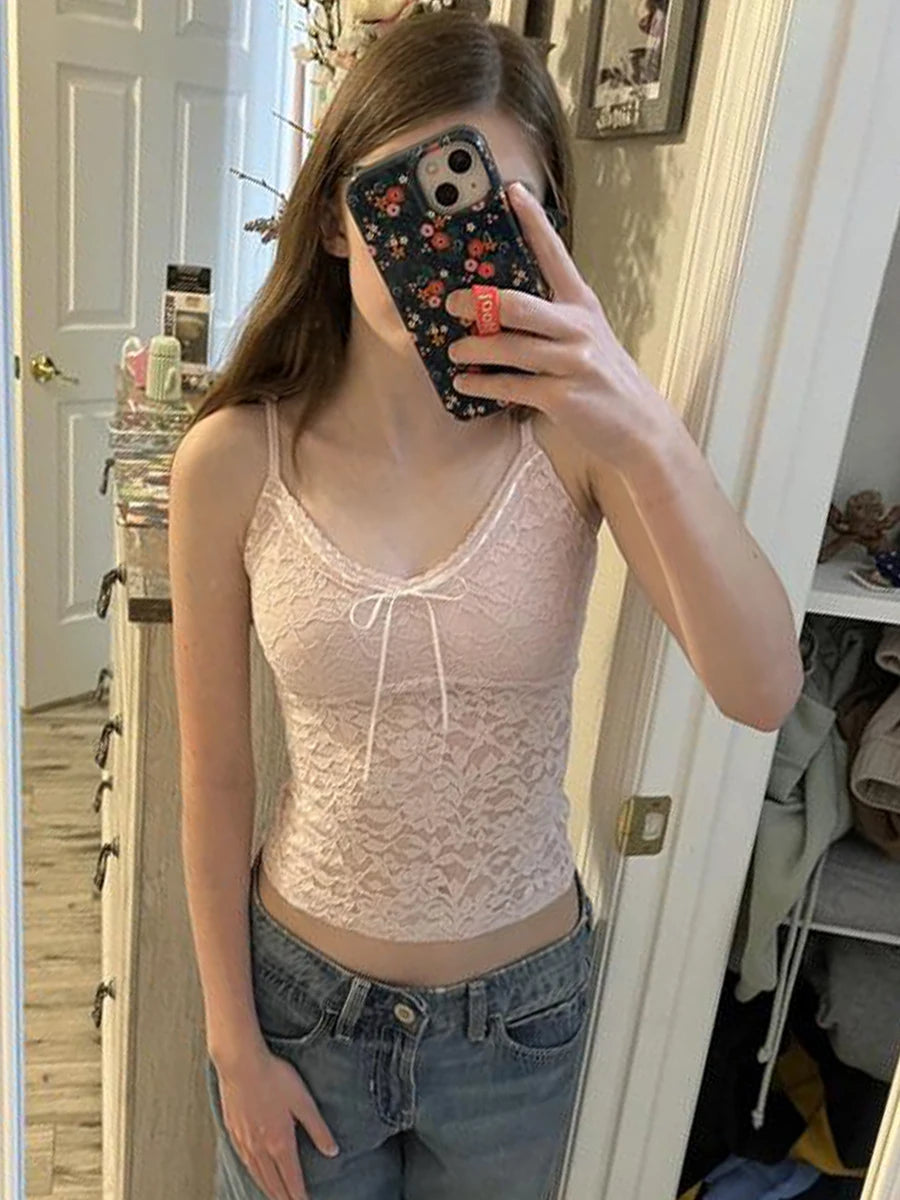 LIZAKOSHT  -  Pink Floral Lace Transparent Crop Tops Women Summer Lace-up V Neck Sleeveless Slim Camis American Retro Solid Mesh Tank Top Y2k