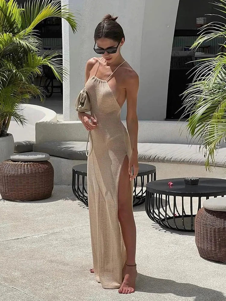 LIZAKOSHT  -  Summer Bikini Cover Up Beach Knitted Camisole Dresses Sexy Women Beach Cover-ups Women's Knit Long Dress Beachwear