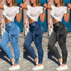 LIZAKOSHT  -  New Style Denim Jeans for Women Zipper Leg Pockets Elastic Streetwear Distressed Cargo Trousers Pants Slim Pencil Jeans