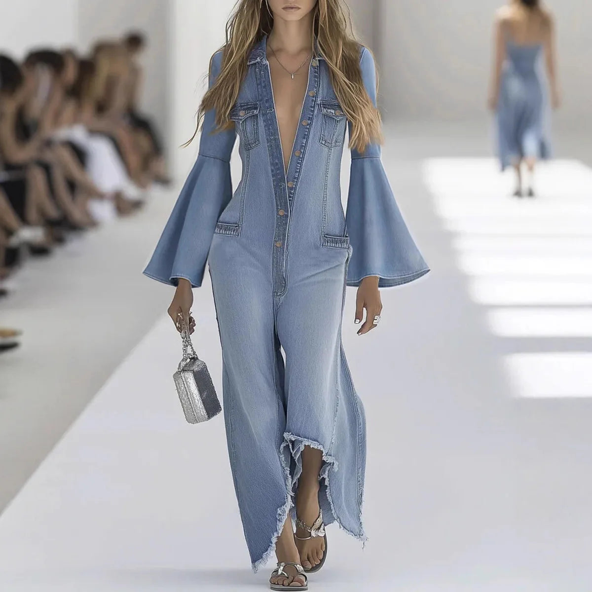 LIZAKOSHT  -  American Style Fashionable Simple Denim Jumpsuit Autumn Women Flares Sleeve Single-breasted Straight Overall Female Streetwear