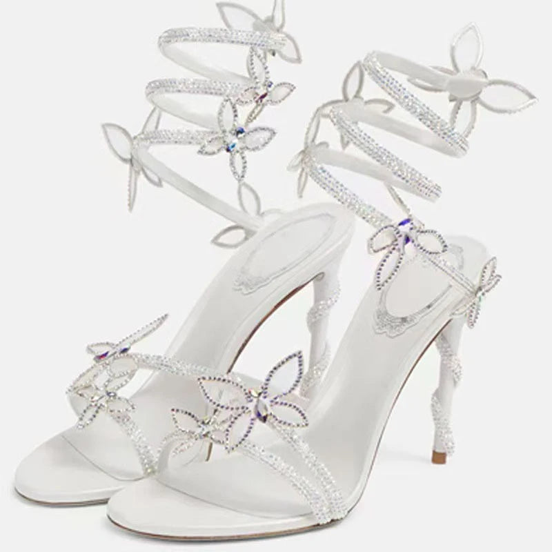 LIZAKOSHT  -  Sexy CRYSTAL Flower Thin High Heels Women Sandals Street Style Narrow Band Ankle Strap Pole Dancing Ladies Shoes