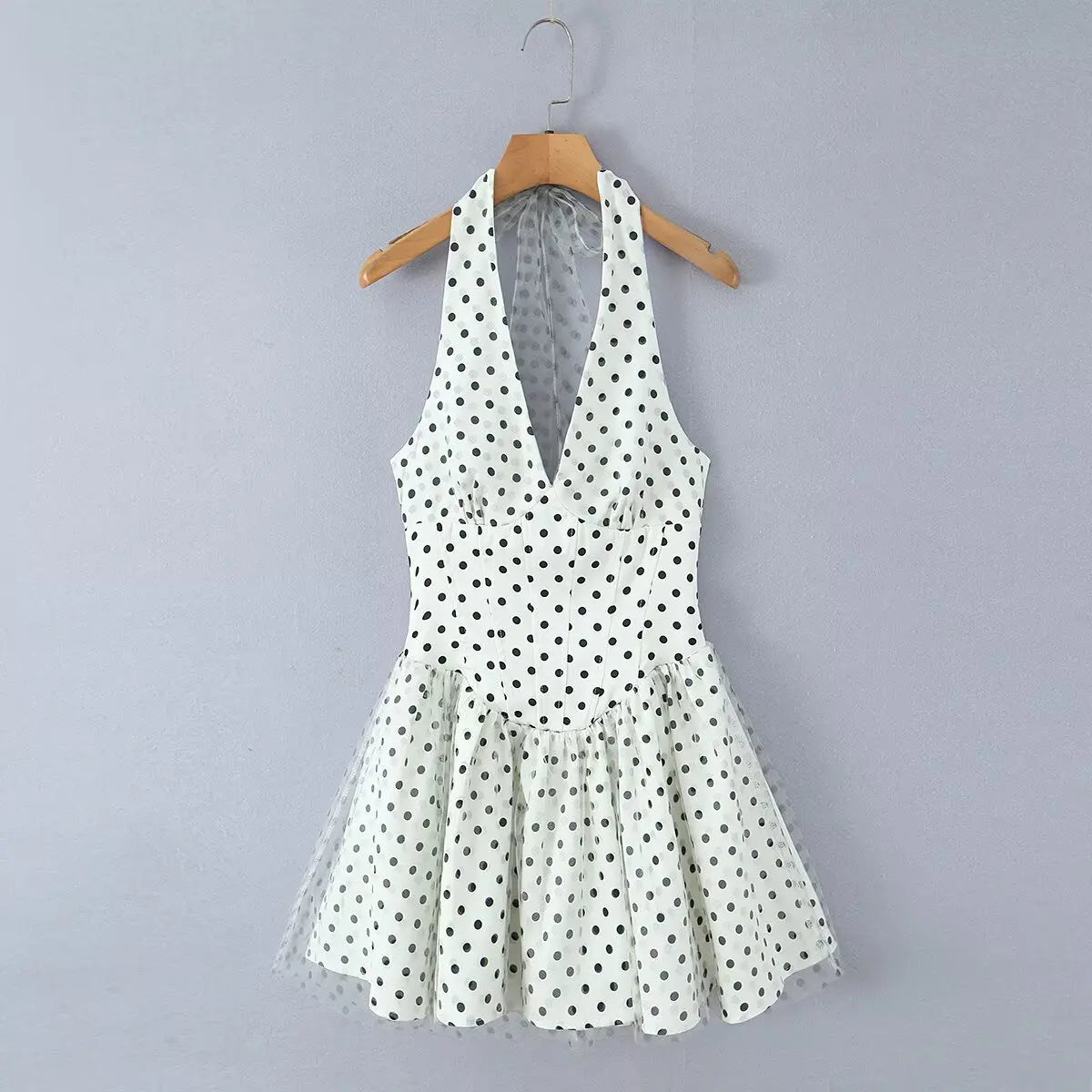 LIZAKOSHT  -  Sexy Polka Dot Print Spliced Mesh Bow Halter Dress Women Backless Slim Low Waist Swing Ball Gown Short Sling Dresses Vestidos