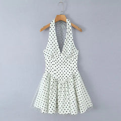 LIZAKOSHT  -  Sexy Polka Dot Print Spliced Mesh Bow Halter Dress Women Backless Slim Low Waist Swing Ball Gown Short Sling Dresses Vestidos