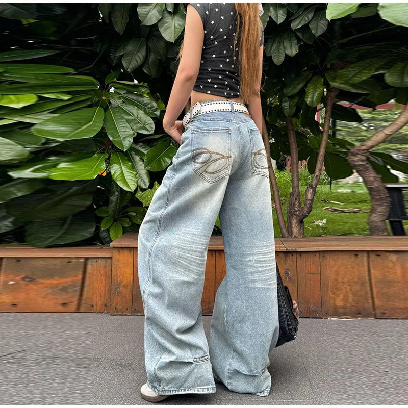 LIZAKOSHT  -  Women's Jeans Vintage Printed High Waist Zipper Pockets Straight Leg Trousers Female Spring Fashion Woman Clothes Outwears