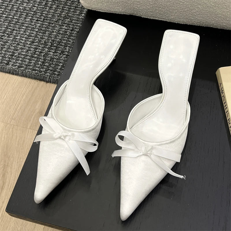LIZAKOSHT  -  Spring Summer Silk Butterfly-knot Women's Slippers Sandals Pointed Toe High Heel Pumps Ladies Stripper Mules Shoes