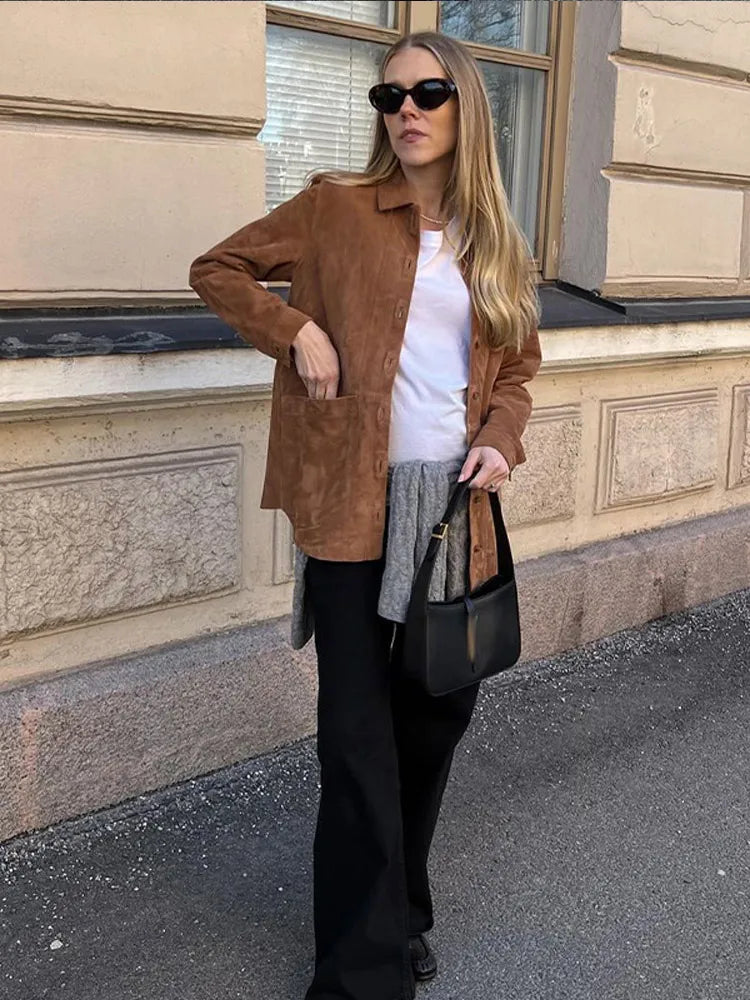 LIZAKOSHT  -  Solid Women Suede Coats Turn-down Collar Single Breasted Pocket Loose Female Jackets 2024 Autumn Winter New Fashion Lady Coats