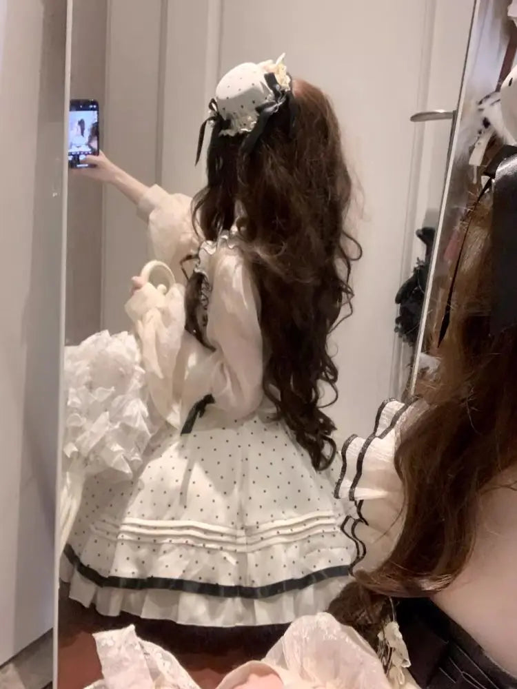 LIZAKOSHT  -  Summer Kawaii Polka Dot 2-piece Set Women Bow Cute Mini Dress + Solid Short Cardigan Daily Elegant Lolita Dress Sets New