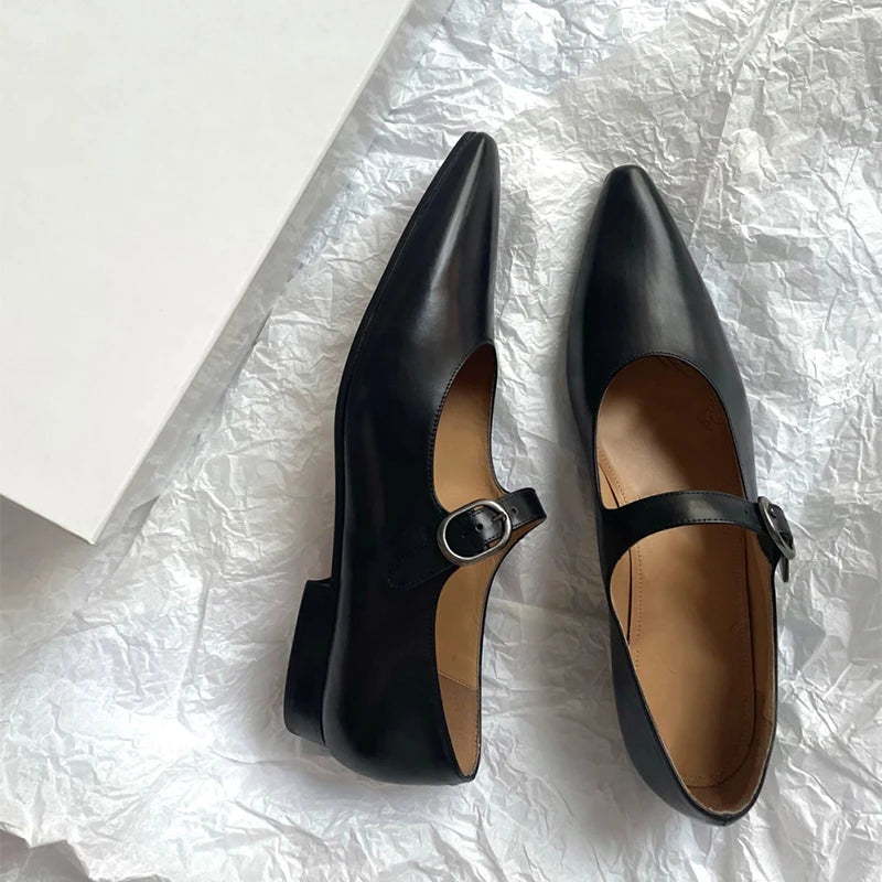 LIZAKOSHT  -  Mary Jane Shoes Black French Style Leather Shoes Women's Summer Chunky Heel Pointed-Toe Shoes Flat Ankle-Strap Buckle New