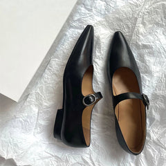 LIZAKOSHT  -  Mary Jane Shoes Black French Style Leather Shoes Women's Summer Chunky Heel Pointed-Toe Shoes Flat Ankle-Strap Buckle New
