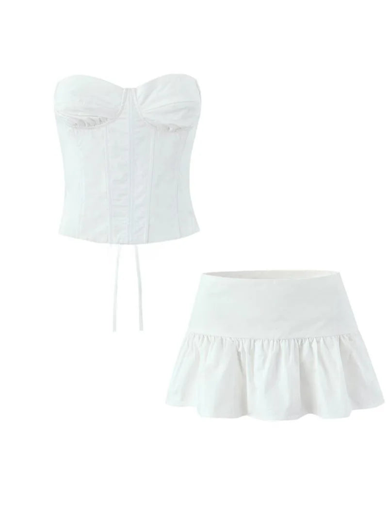 LIZAKOSHT  -  Spicy Girl Retro Design Two-Piece Set with Ba Strap Slimming Fibone Waist Tie Tube Top Tank Top with Lace Hem  Skirt
