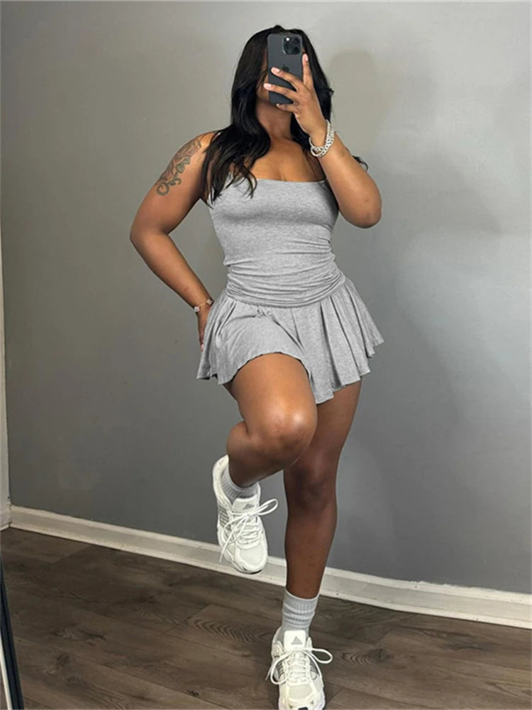 LIZAKOSHT  -  Summer Fashion U-Neck Sleeveless Blue Mini Dress Y2K Streetwear For Women Sexy Backless Casual Party Pleated Dress