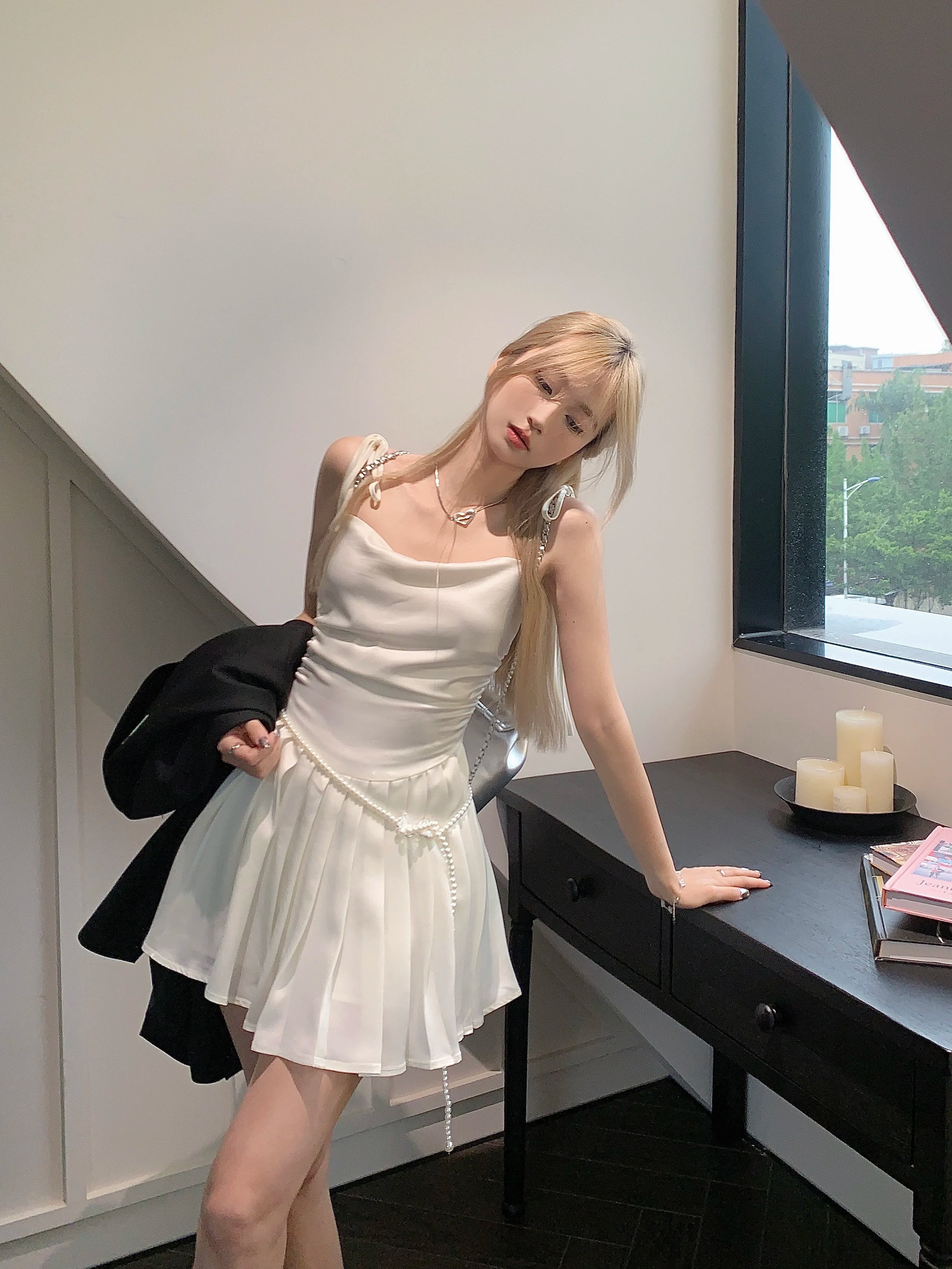 LIZAKOSHT -  White Lace-up Dress Women Sleeveless France Sweet Party Midi Dress Female Korean Style Casual Dress Summer Y2K