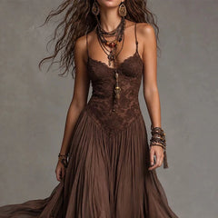 LIZAKOSHT  -  Sexy Straps Backless Irregular Dress Elegant Lace Splice Sleeveless Slim A-Line Dress Retro Solid Off Shoulder High Waist Dress