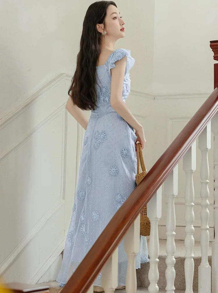LIZAKOSHT  -  Summer Lady Blue Dress Retro French Style Embroidery Flower Flying Sleeve Romantic Fairy Princess Dresses For Vacation Holidays