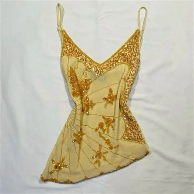 LIZAKOSHT  -  Y2K Sequin Butterfly Tops Women Sleeveless Spaghetti Strap Sheer See Through Camisole Party Clubwear Summer Date Night Outfits
