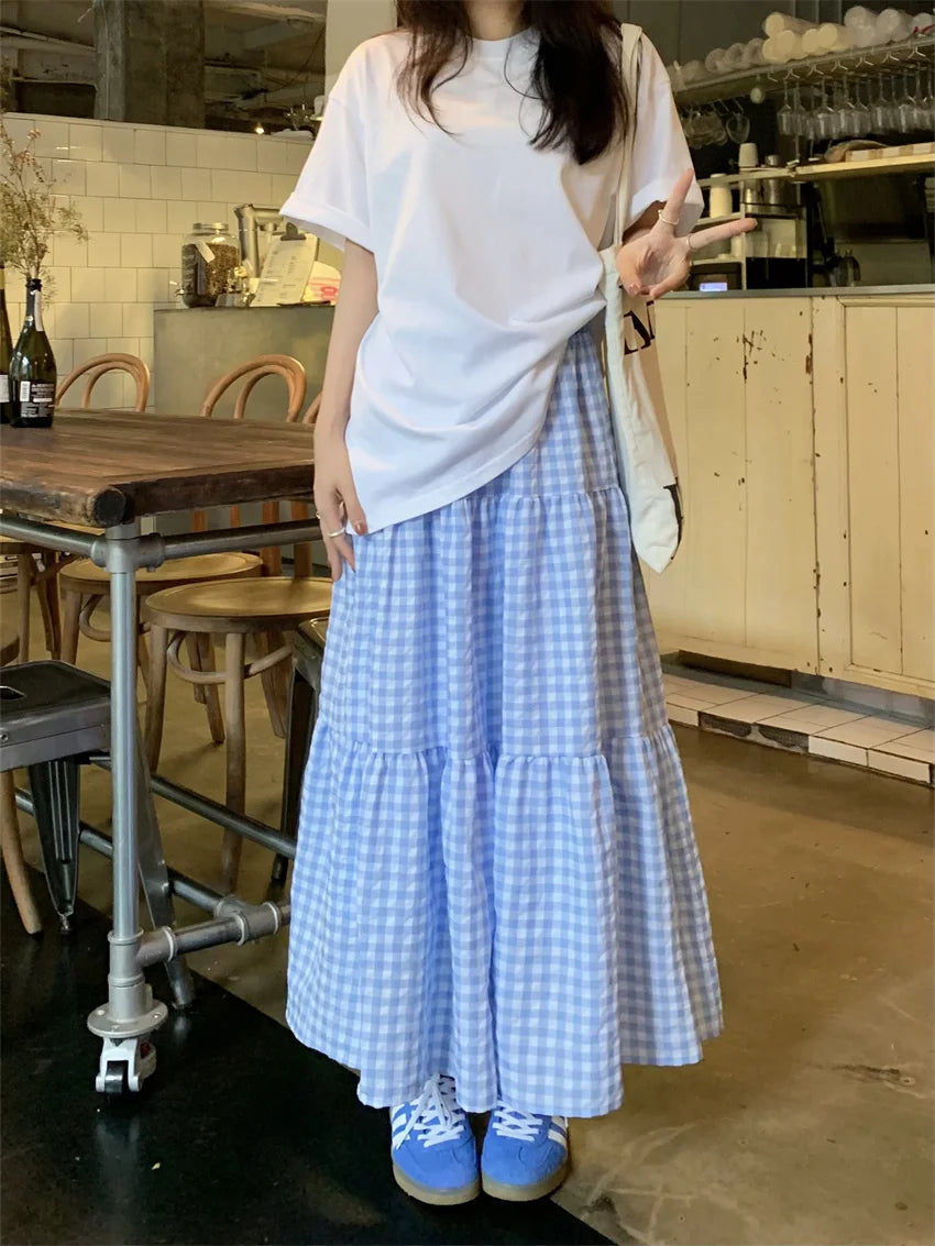 LIZAKOSHT  -  Hot Sale Summer Long Skirts Women Plaid Loose Chic New Summer All Match Fashion 2024 Mujer Slim Gentle Vacation