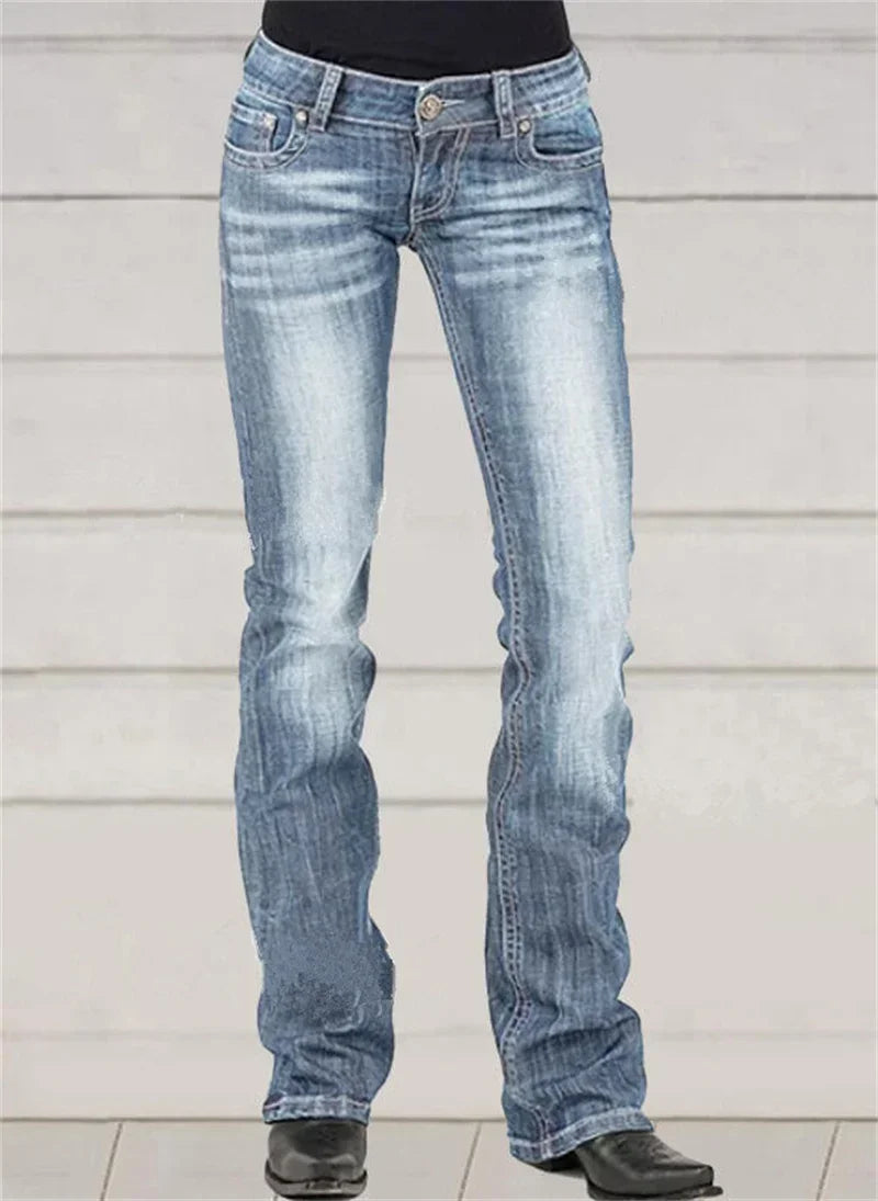 LIZAKOSHT  -  Low-waisted Women Flared Jeans Fashion Vintage Whitish Blue Washable Denim Pants Slim Fit Trousers Female Chic Casual Streetwear