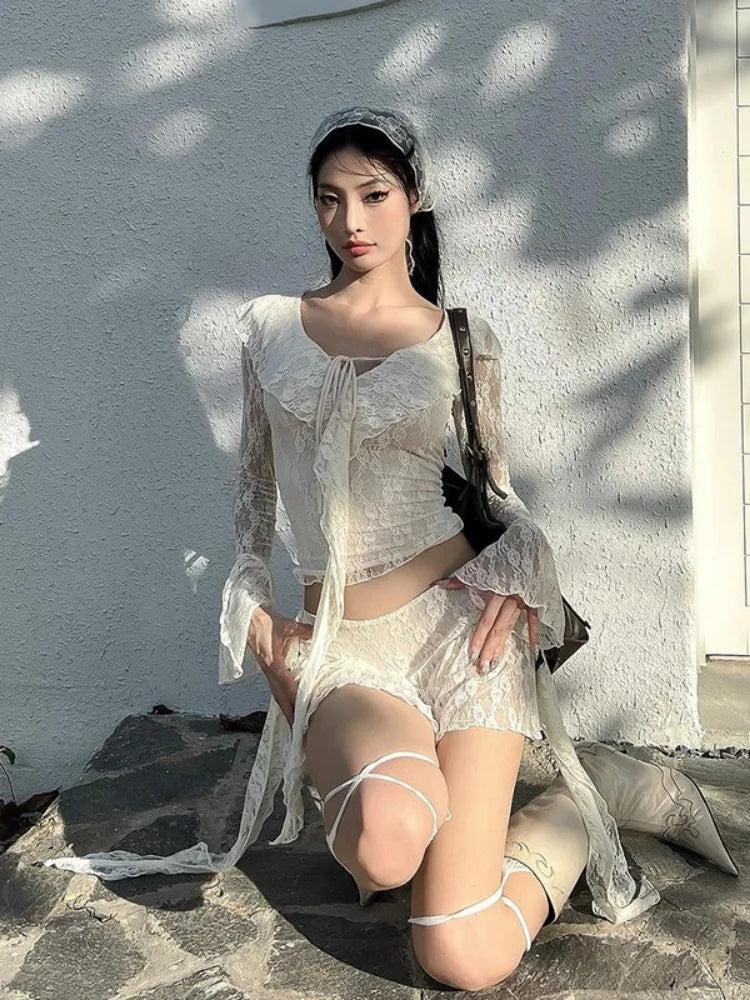 LIZAKOSHT  -  Two Pieces Set Lace Bandage Sexy Streetwear Slim Sweet Crop Tops + Women Y2k Aesthetic Vintage Harajuku Irregular Mini Skirts